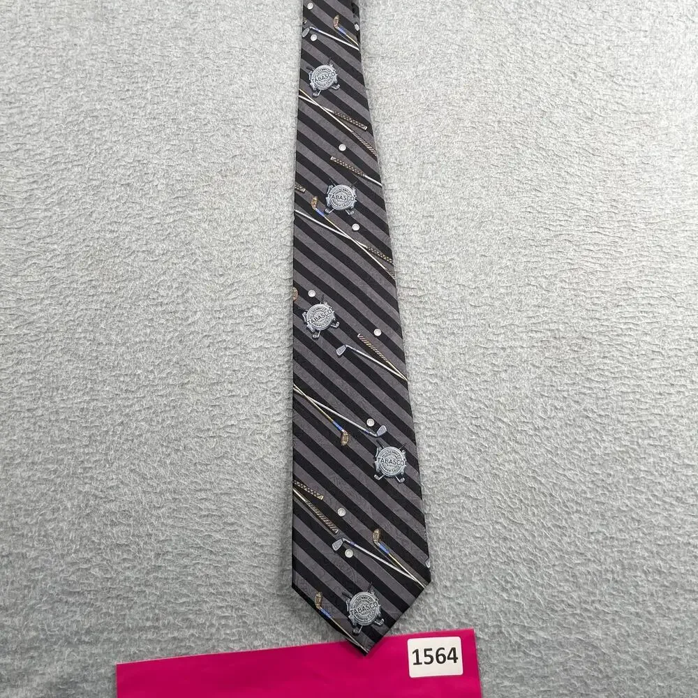 Tabasco Golf Club Print Gray Striped Necktie Hot Sauce Tie